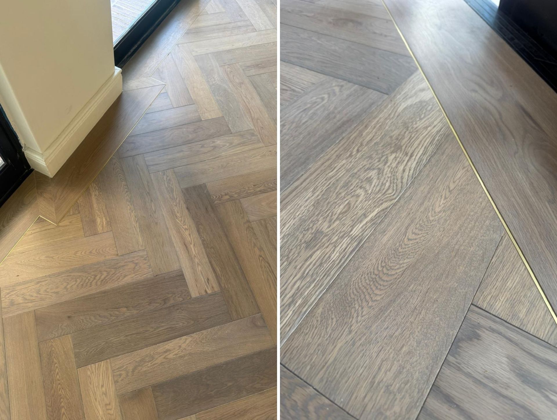 Close-up of brass inlay framing herringbone oak