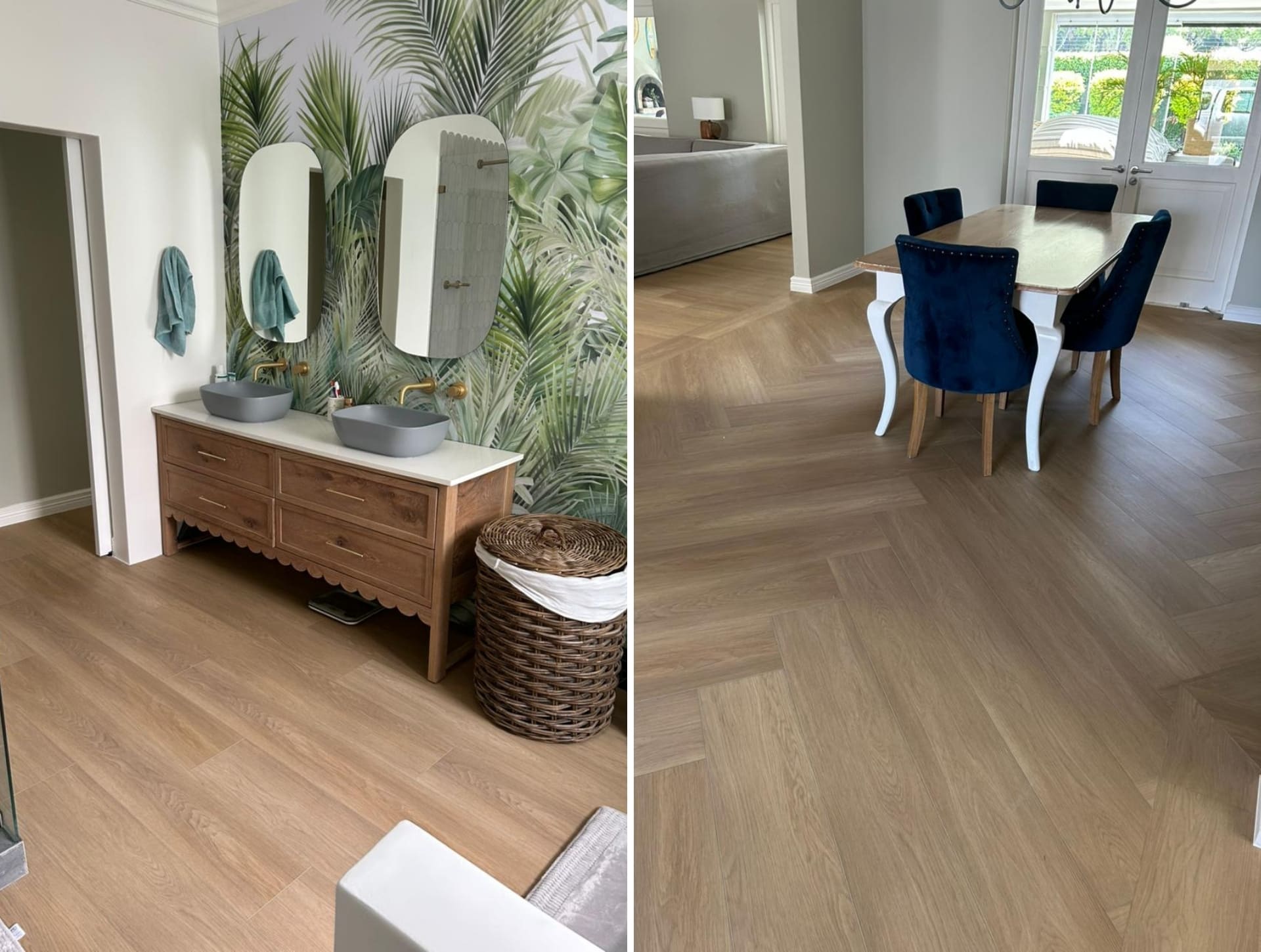 Seamless vinyl flooring running continuously from an open-plan kitchen into the main living space