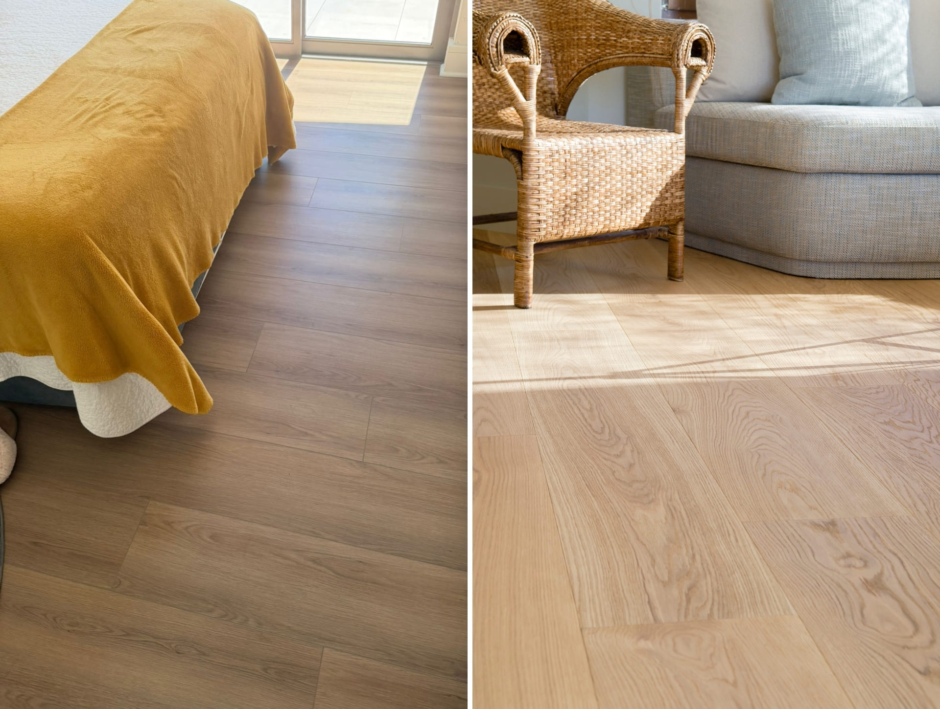 Warm timber-look luxury vinyl flooring in a bright, sunlit coastal living space
